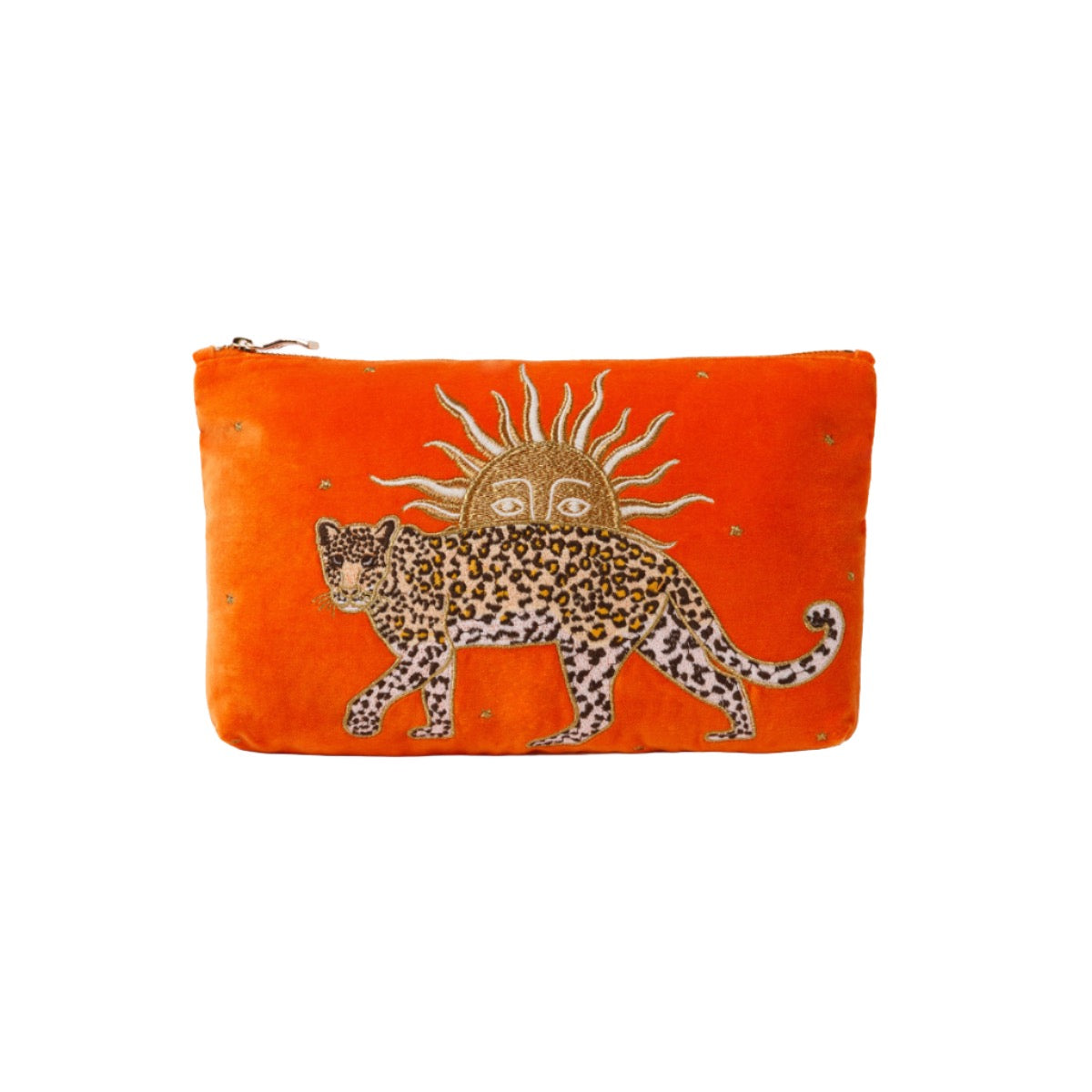 The Luxury Sunburst Orange Velvet Embroidered Cosmetic Bag with Leopard Motif
