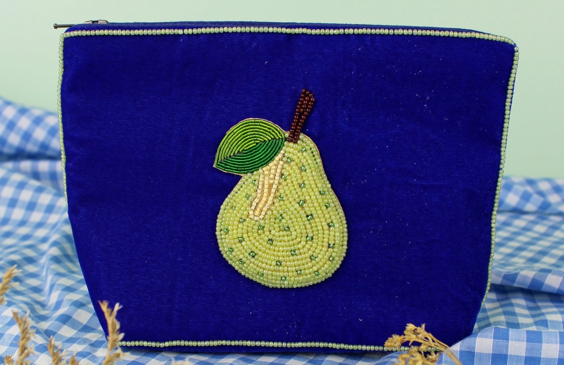 The Luxury Velvet Sapphire Blue Hand-beaded Cosmetic Bag with Pale Green Pear Design
