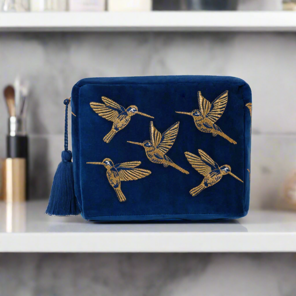 The Luxury Velvet Wash Bag with Hummingbird Motif - ideal for travelling!