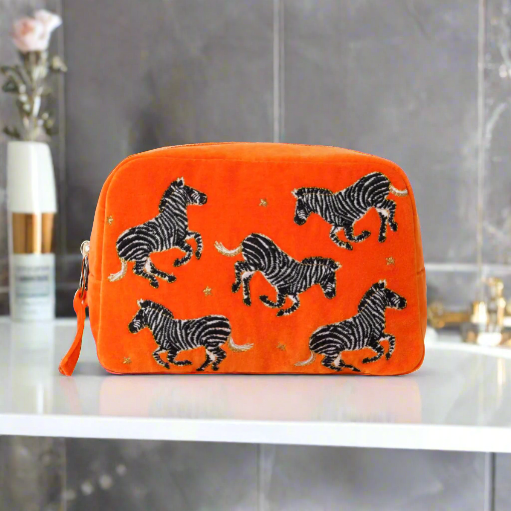 The Luxury Orange Velvet Wash Bag Embroidered with Zebra Motif