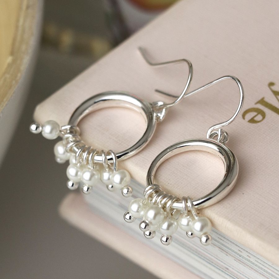 Pearl Silver Plated Hoop Drop Earrings