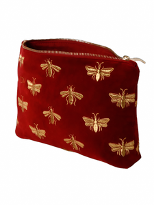 The Luxury Burgundy Embroidered Velvet Cosmetic bag with Bee Motif