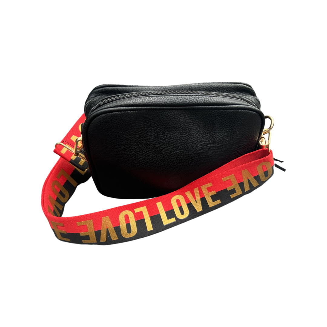 Black Crossbody bag with Printed Strap