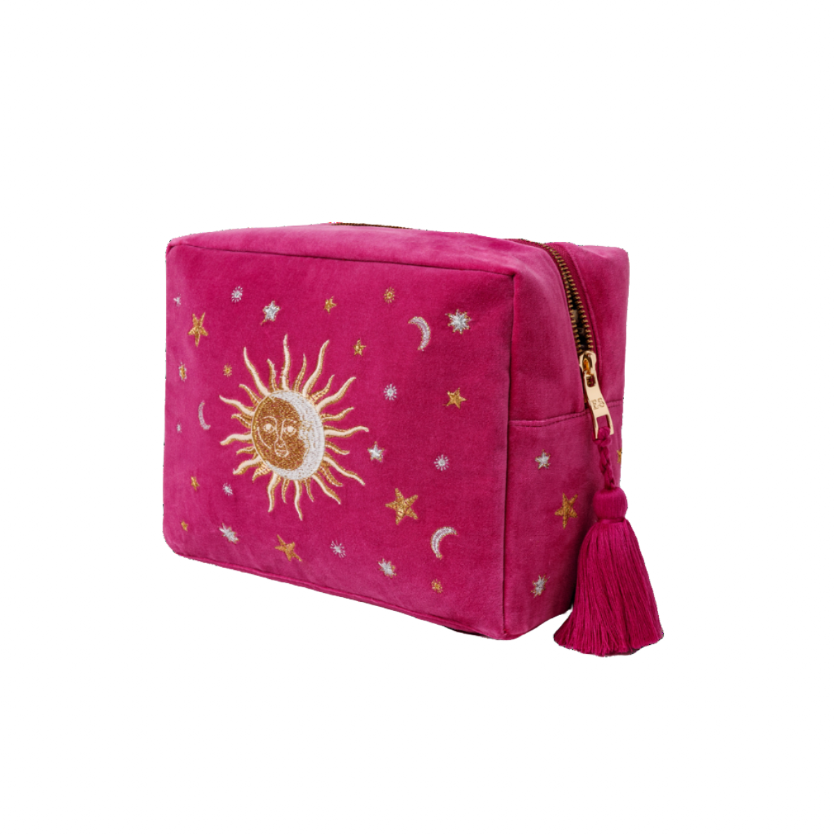 The Luxury Velvet Wash Bag Embroidered with Sun and Moon Motif - ideal for the traveller.