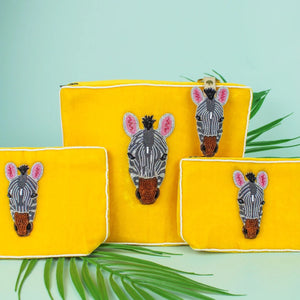 The Sahara Yellow Luxury Velvet Medium Cosmetic Bag with Hand Beaded with Zebra Motif