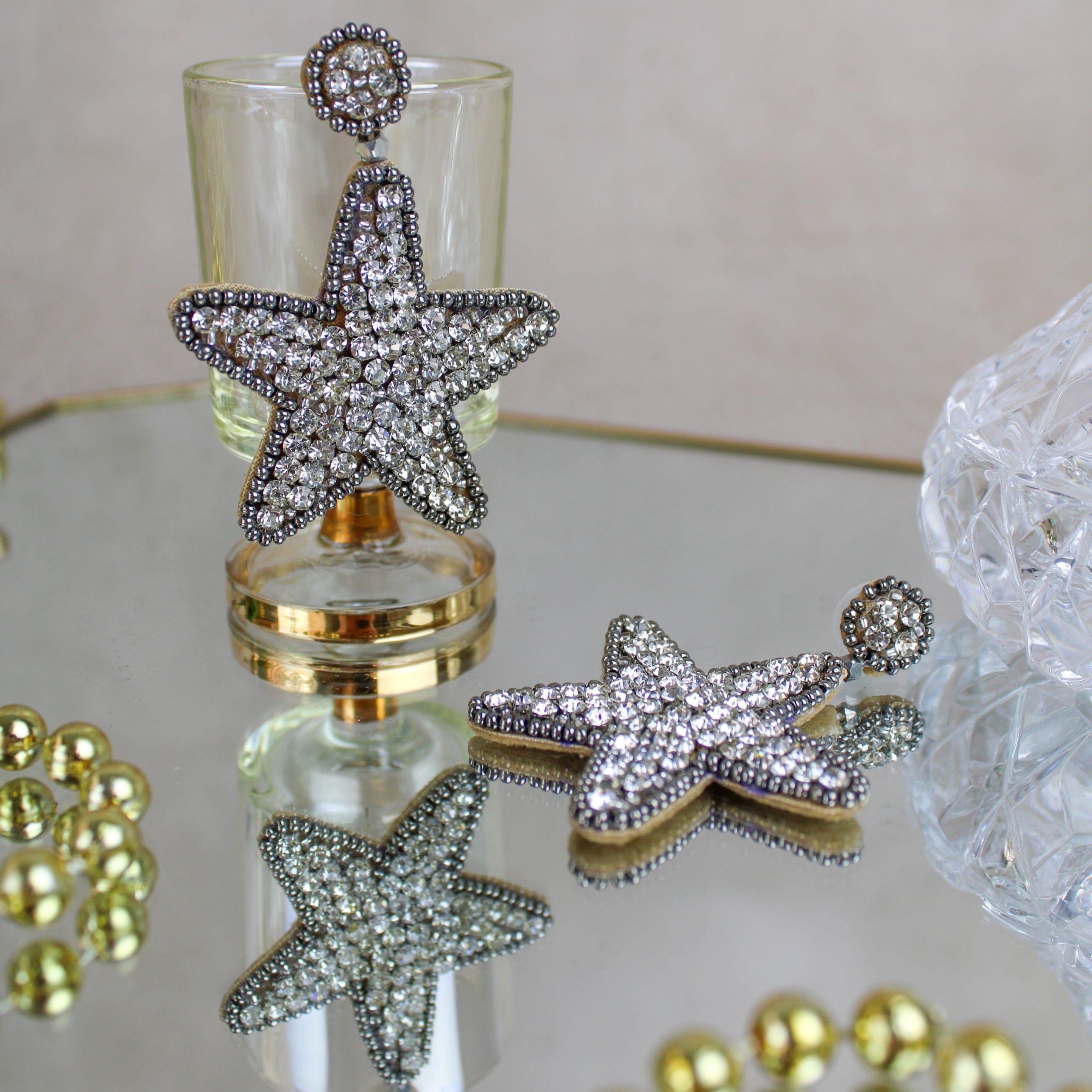 The Hand-Beaded Silver Star Earrings