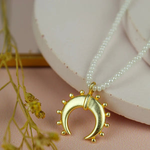 The Gold Plated Crescent Moon Necklace in Turquoise or Pearl