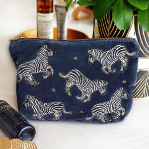 The Luxury Blue Velvet Cosmetic Bag with Zebra Motif