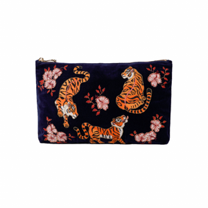 The Navy Luxury Velvet Embroidered Travel Bag with Tiger Motif