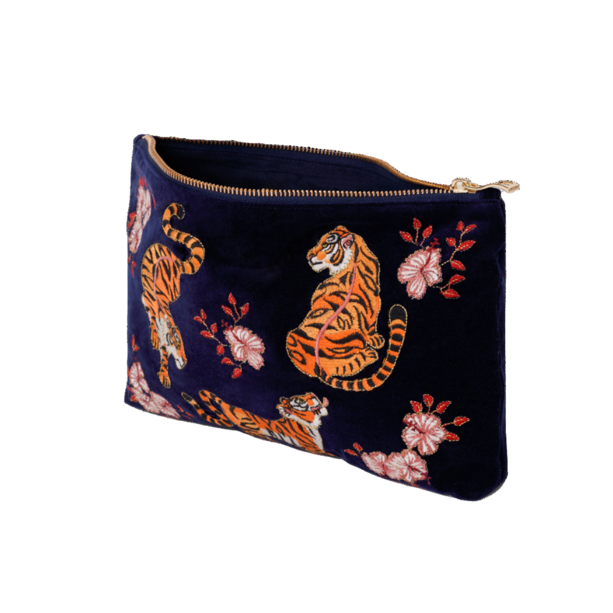 The Navy Luxury Velvet Embroidered Travel Bag with Tiger Motif