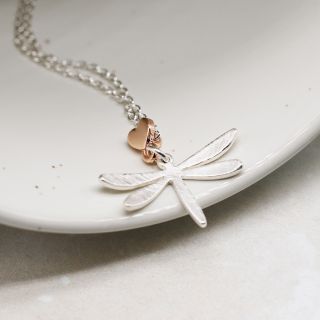 Silver plated dragonfly necklace with heart