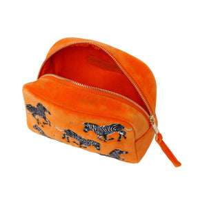 The Luxury Orange Velvet Wash Bag Embroidered with Zebra Motif