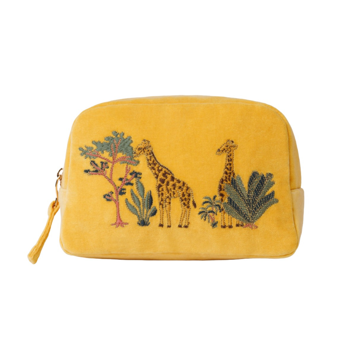 The Luxury Yellow Velvet Cosmetic Bag Embroidered with Giraffe Motif